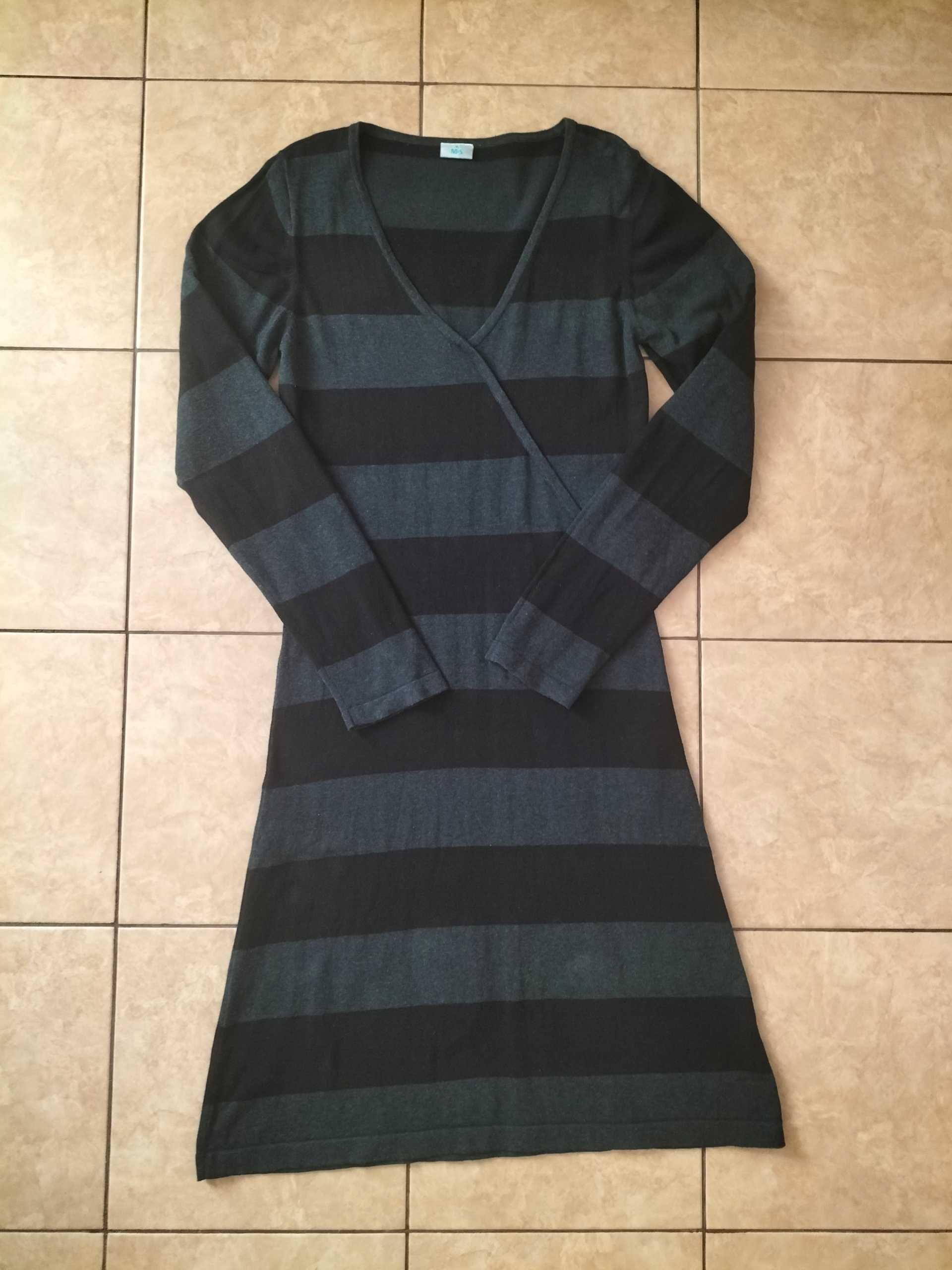 M&S Szara Zimowa Sukienka w pasy MIDI r. 38/40