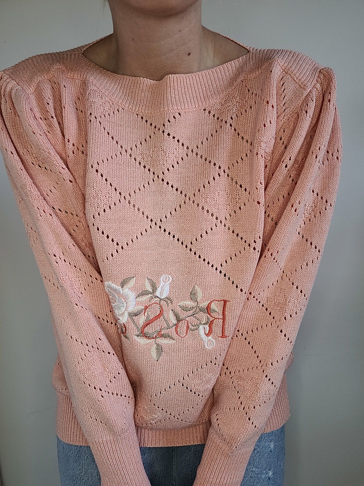 Uroczy ażurowy sweter oversize boho kwiaty hafty unikat vintage