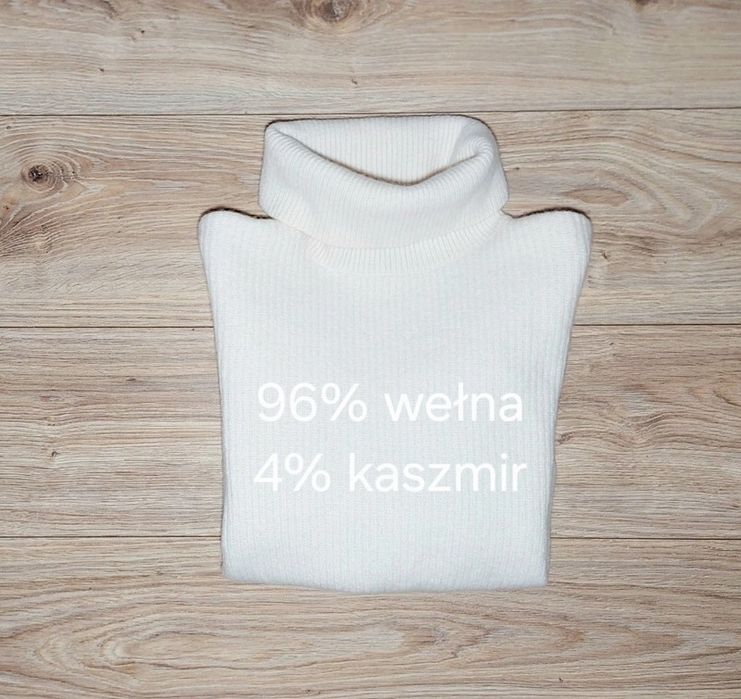 Sweter golf 96% wełna 4% kaszmir kremowy gruby splot