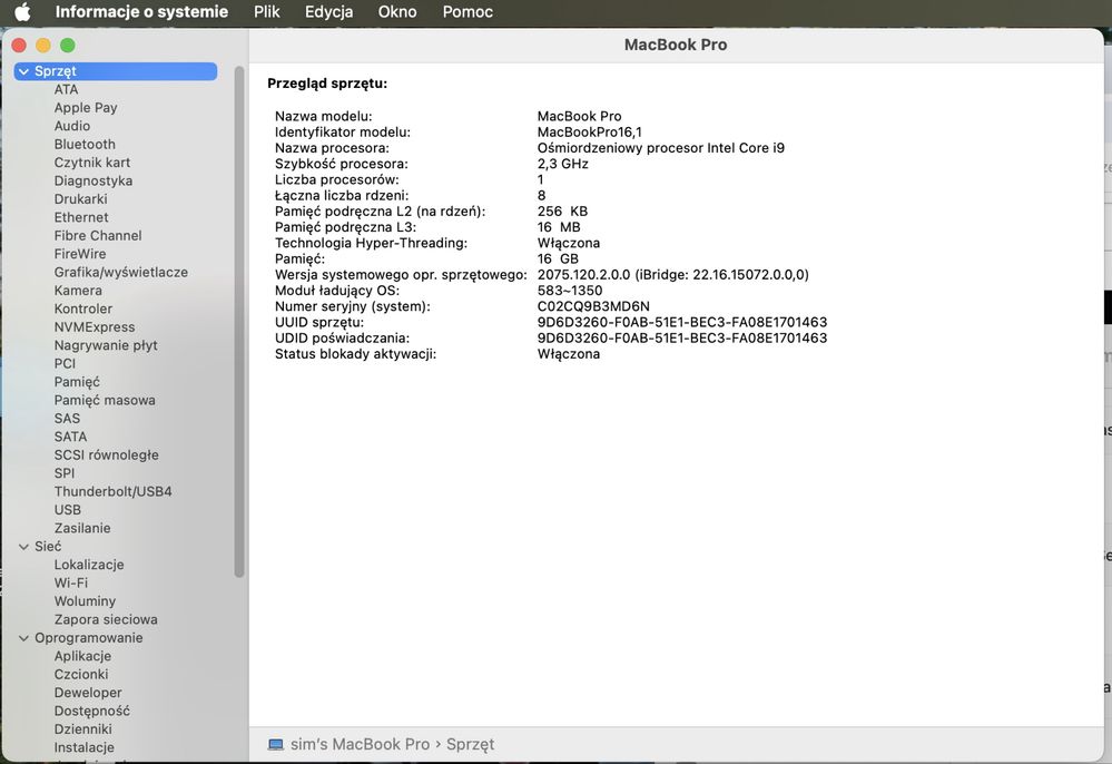 Macbook PRO 2019 i9 16GB 1Tb Prywatnie Zajeb*sty stan 270 cykli A2141