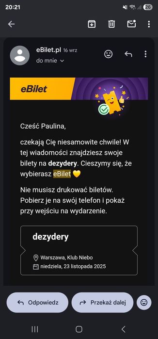 Bilet na koncert Dezydery. 29 listopad Warszawa, Niebo