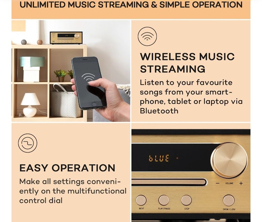 Wieża Hi-Fi stereo, Bluetooth, głośniki stereo, FM, MP3, USB