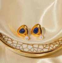 Nowe złote kolczyki z kamieniami naturalnymi lapis lazuli