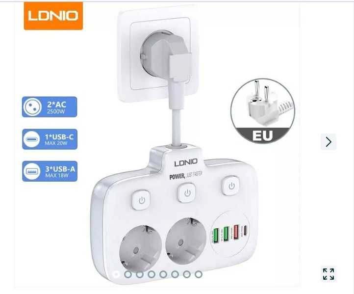 Сетевой фильтр LDNIO SC2435 зарядка 2500W 10A 2 220+3 USB+1 Type-C