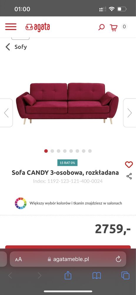 Sofa Candy Agata Meble Trzyosobowa z Funkcją spania