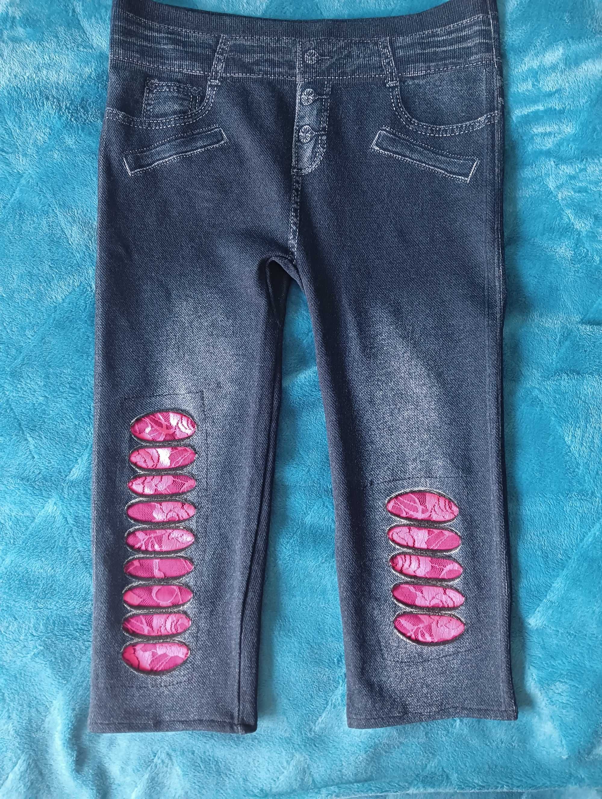 Nowe legginsy rybaczki imitacja jeansu za kolano neonowa koronka s/m