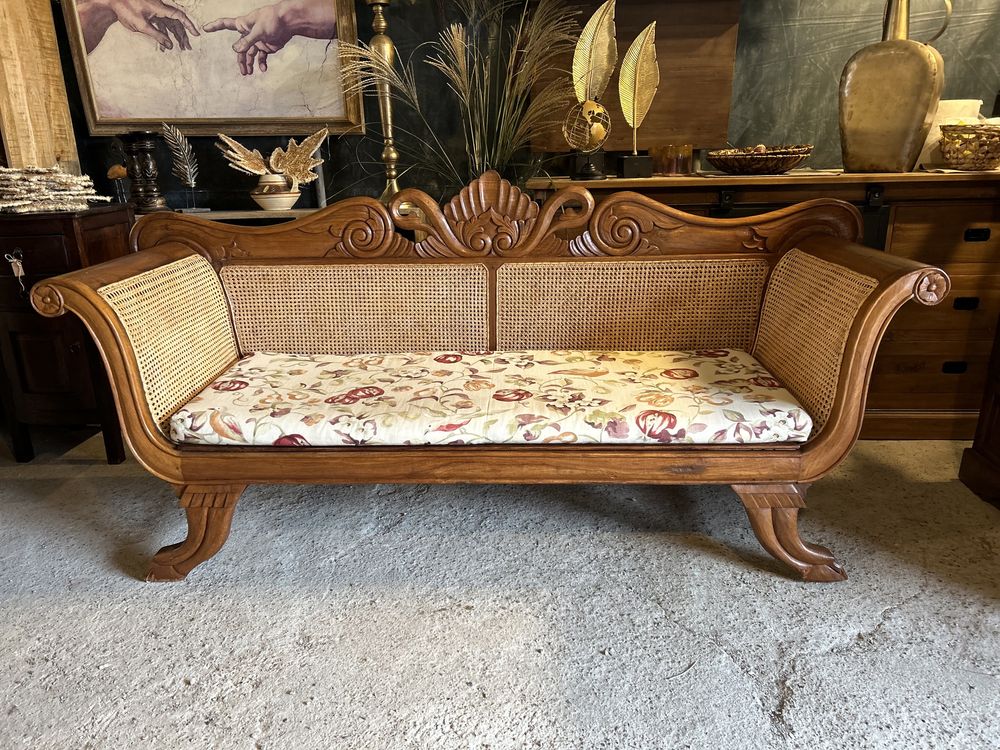 Kolonialna sofa tekowa lite drewno siedzisko rzeźbiona kanapa ratan