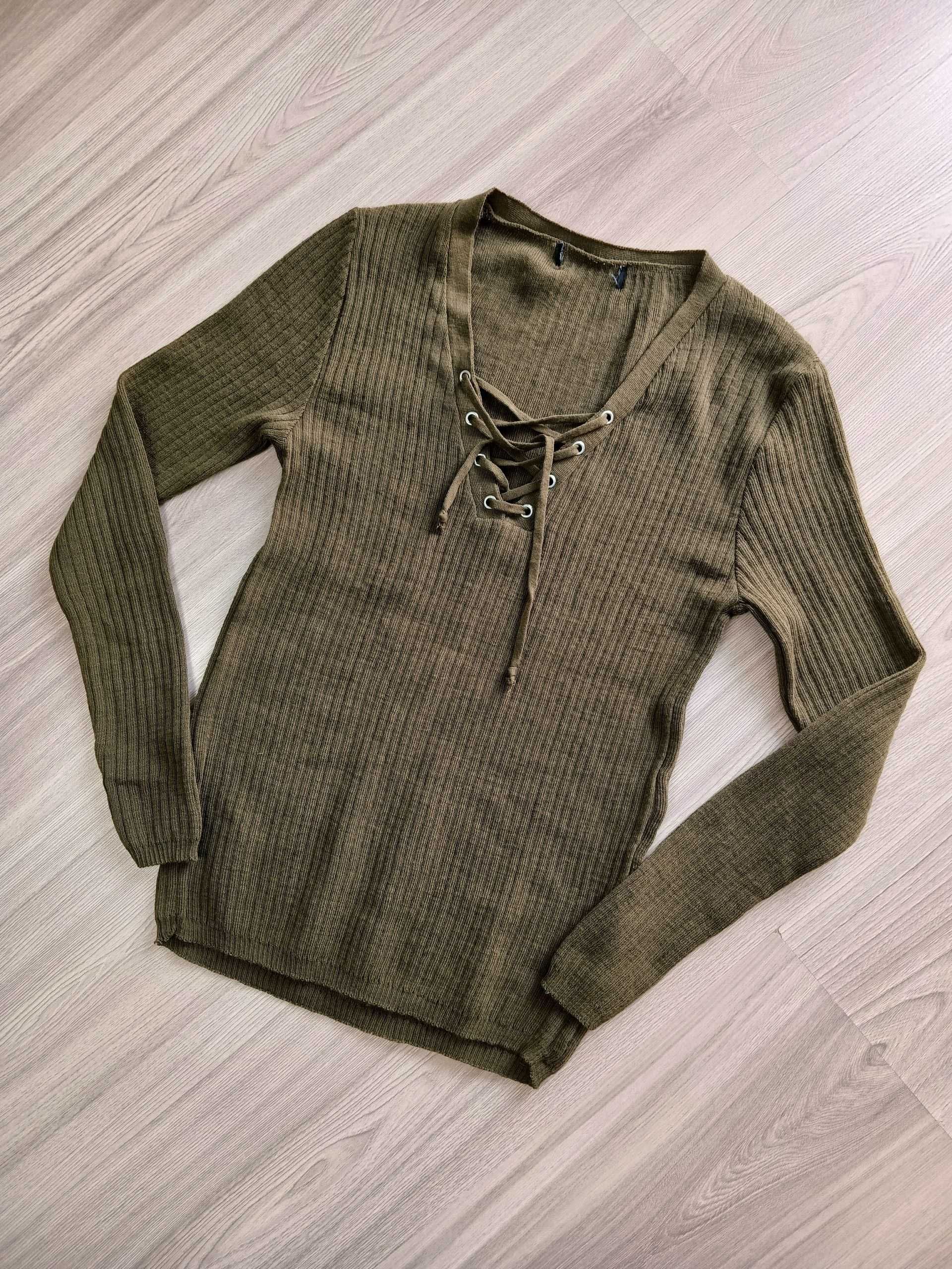 Damski sweter długi rękaw wiązany dekolt khaki zielony L