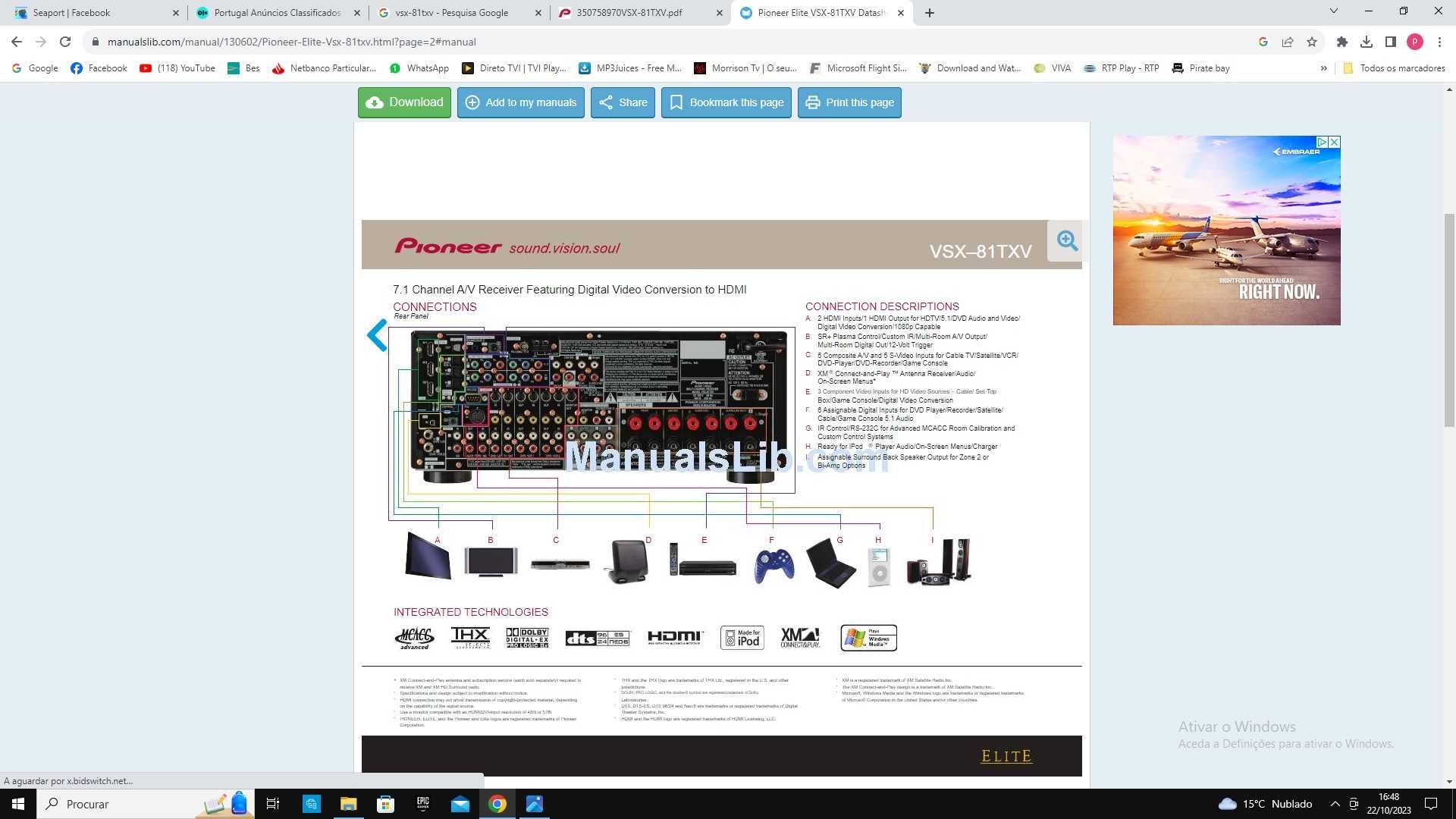 Recetor Pioneer de A/V  de 7.1 Conversão de vídeo digital para HDMI