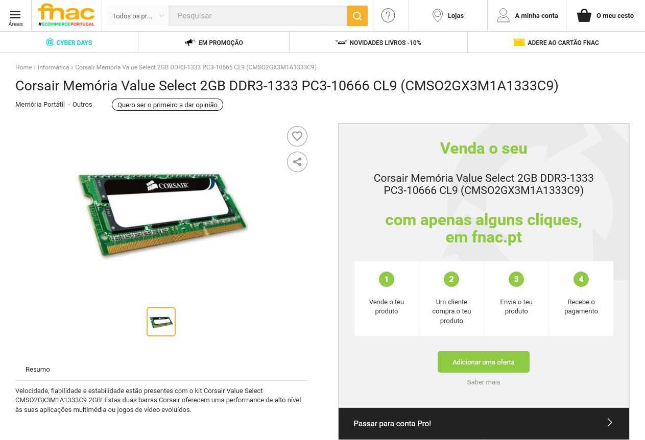 Corsair Memória Value Select 2GB DDR3-1333