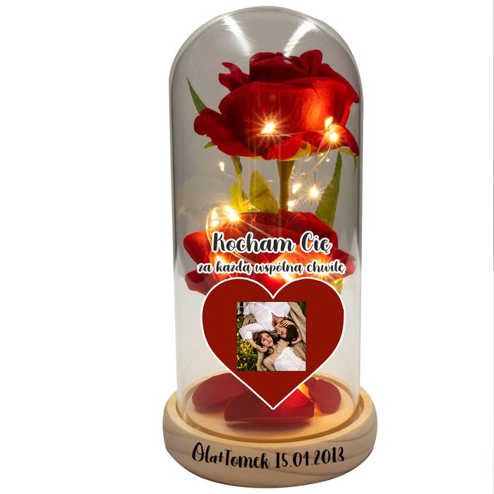 Wieczna róża drewniana twoje zdjęcie + imię na walentynki dla niej