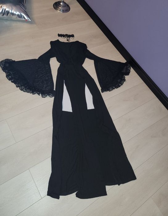 Nowa długa czarna gotycka sukienka szerokie rękawy Alternative Gothic
