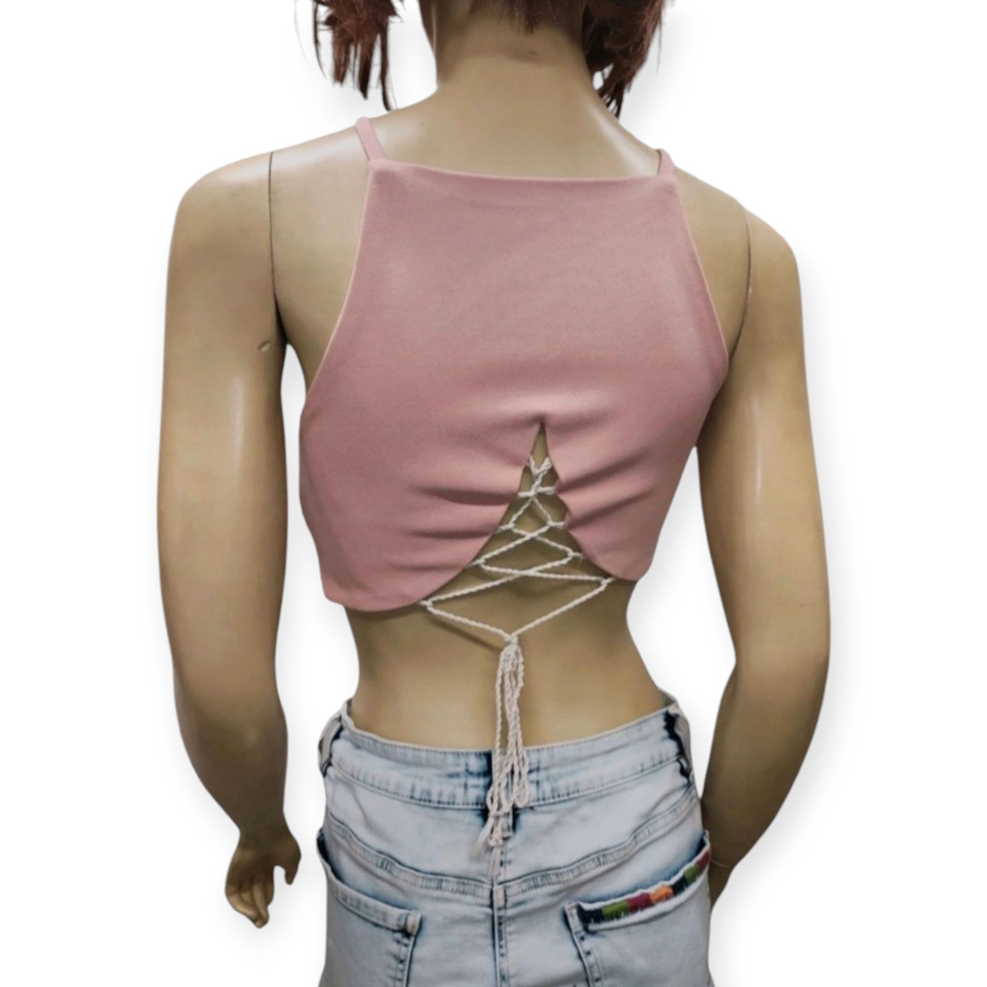 Śliczny crop top pudrowy na lato wiązany na placach rozmiar 36 38