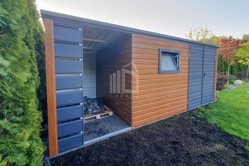 Schowek - Domek Ogrodowy 4X2,5M + Wiata - Drzwi - Drewnopodobny Id556