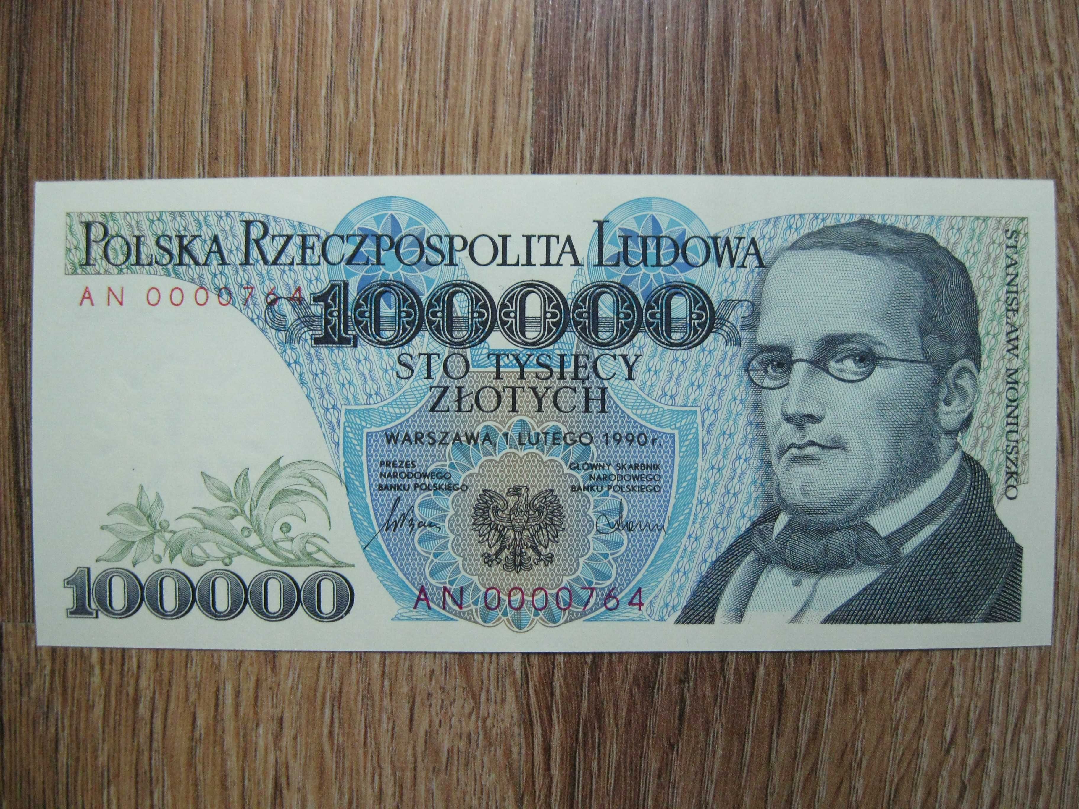 Banknot PRL 100000 złotych 1990 rok seria AN UNC niski numer 0000