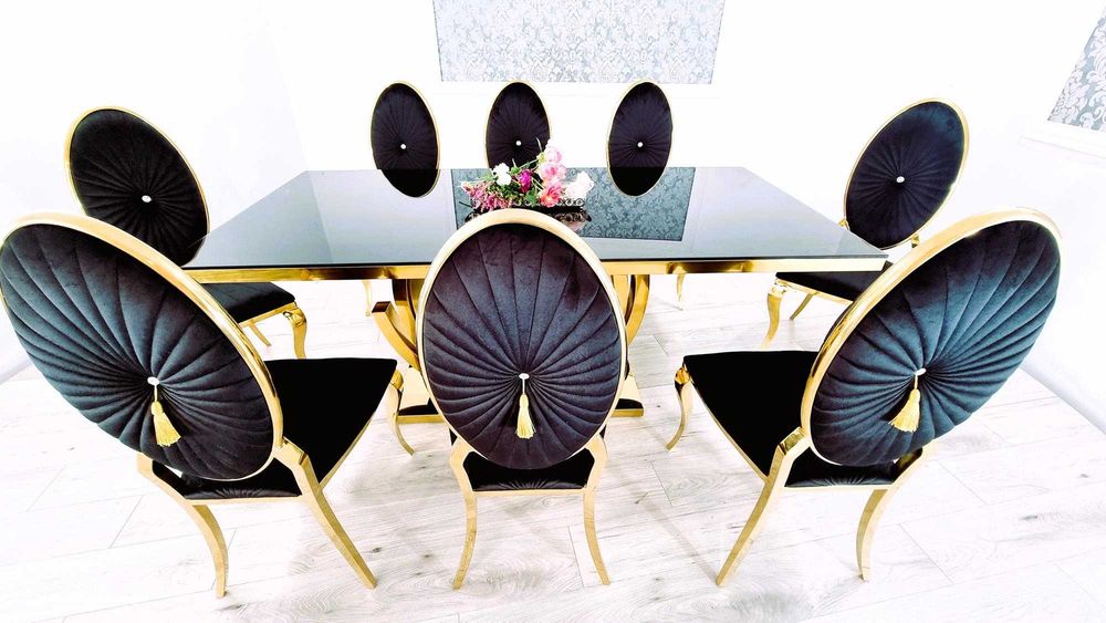 Jadalnia Glamour GOLD Stół NEXT + 8 krzeseł OVAL Premium