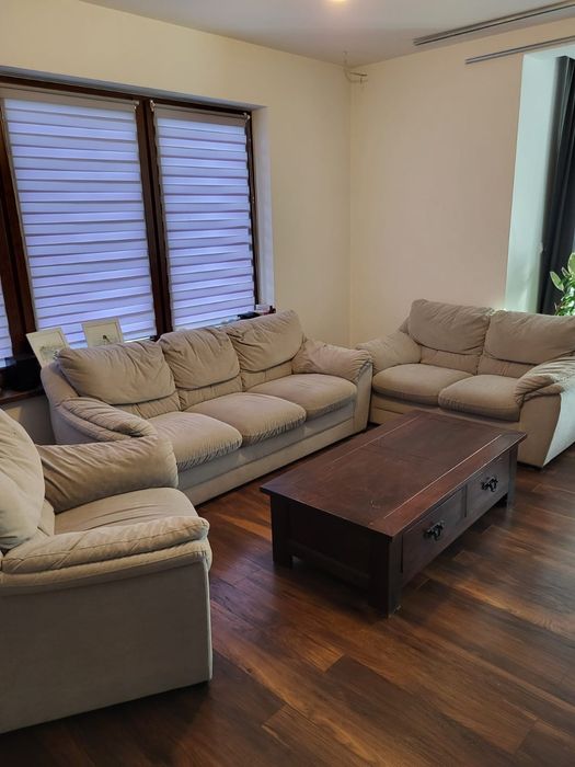 Sofa / wypoczynek z ławą drewnianą dębową - komplet
