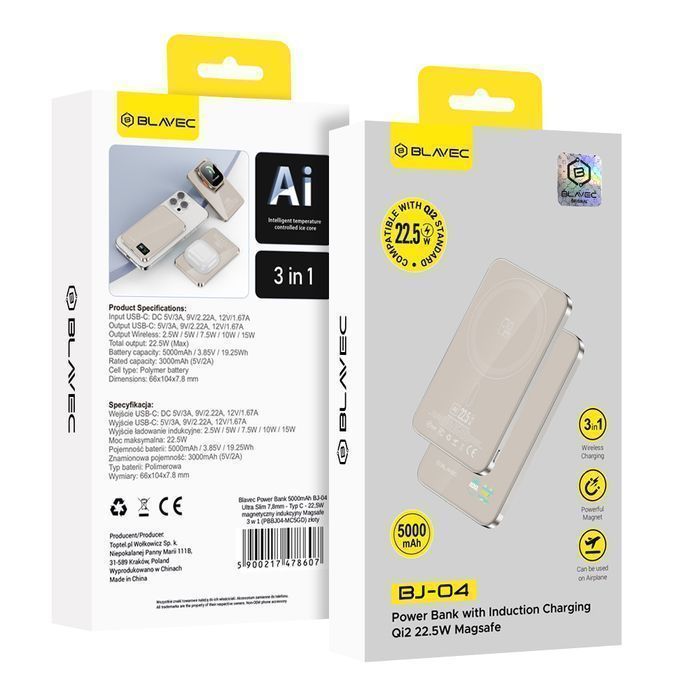 Power Bank 5000mAh BJ-04 Ultra Slim 7,8mm - Typ C - 22,5W magnetyczny