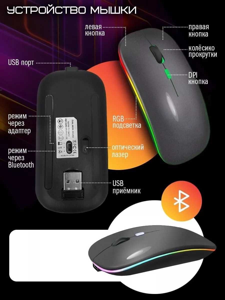 Беспроводная мышь Bluetooth5.2 + 2.4Ghz(USB). Подсветка. Аккумулятор