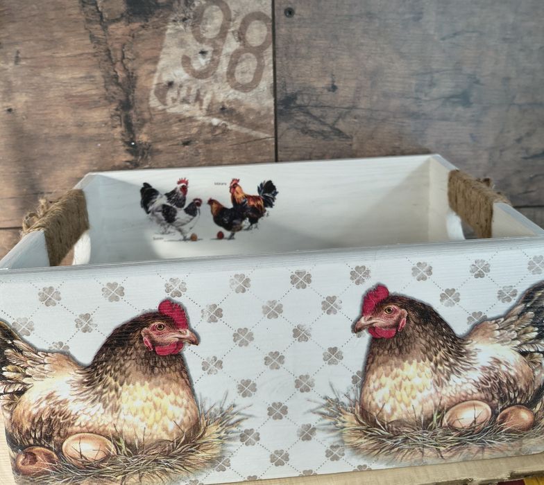 Skrzynka drewniana kury decoupage
