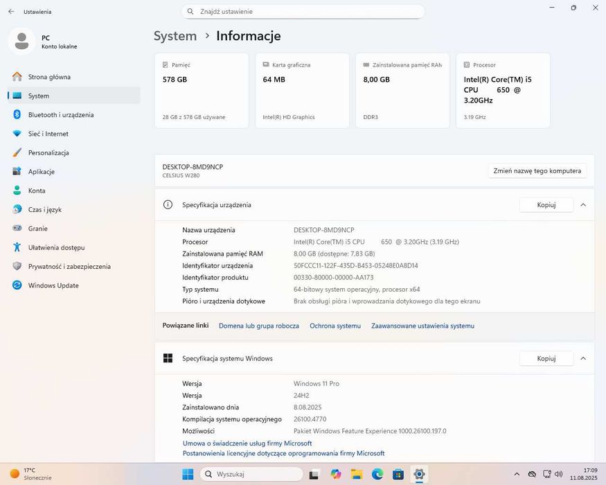 Fujitsu Celsius W280 | i5-650 | SSD+HDD | Windows 11 Pro 24H2