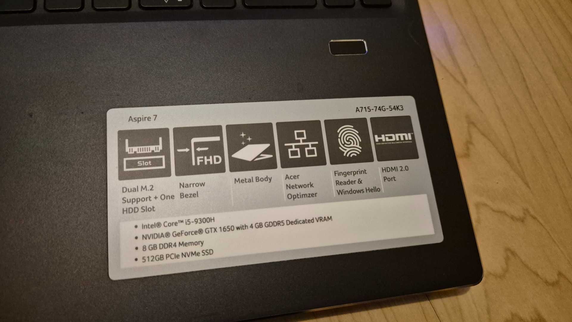 Laptop Acer Aspire 7 A715-74G-54K3 i5-9300H GTX1650 SSD Win11