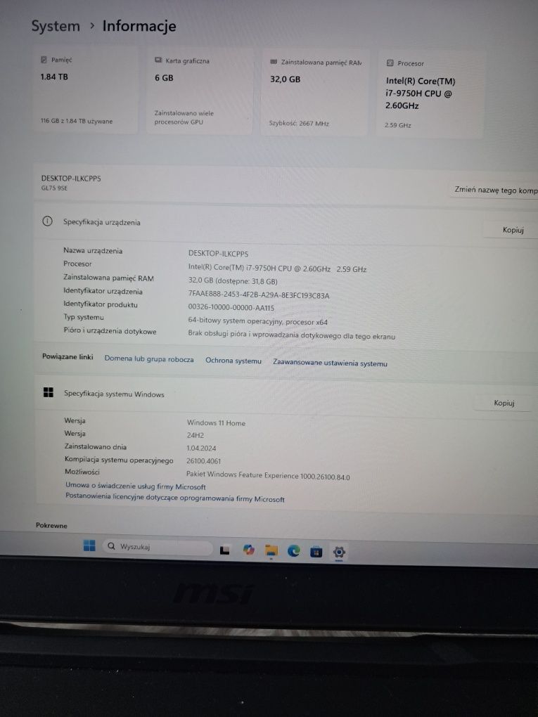 MSI GL75 / i7-9750H / 32GB RAM / RTX 2060 / 2TB SSD / 17,3"