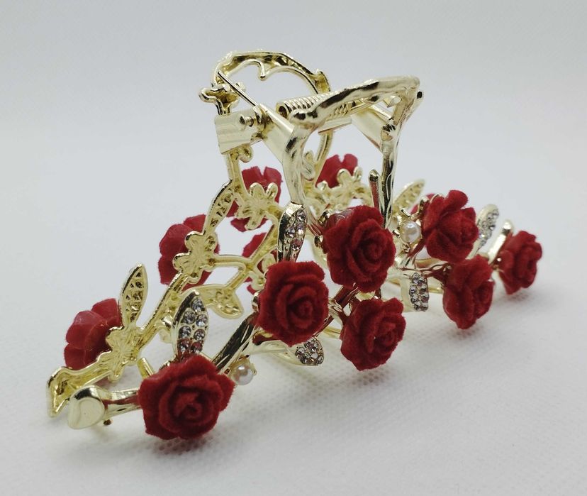 Elegancka klamra do włosów "Róże" - kwiaty, złoty motyw