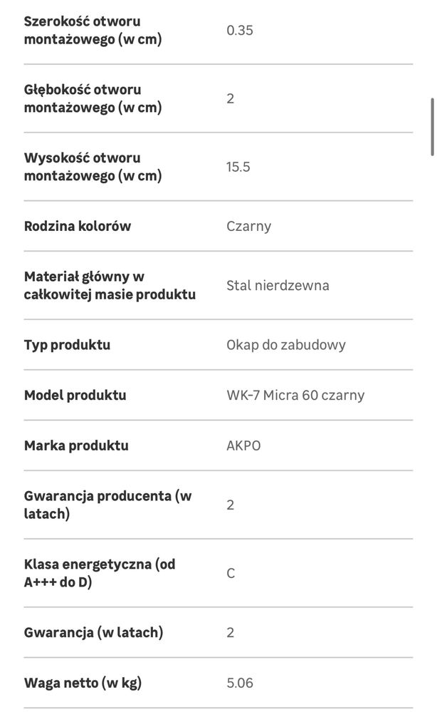 Okap podszafkowy pochłaniacz wyciąg WK-7 Akpo Mikra do szafki 60 nowy