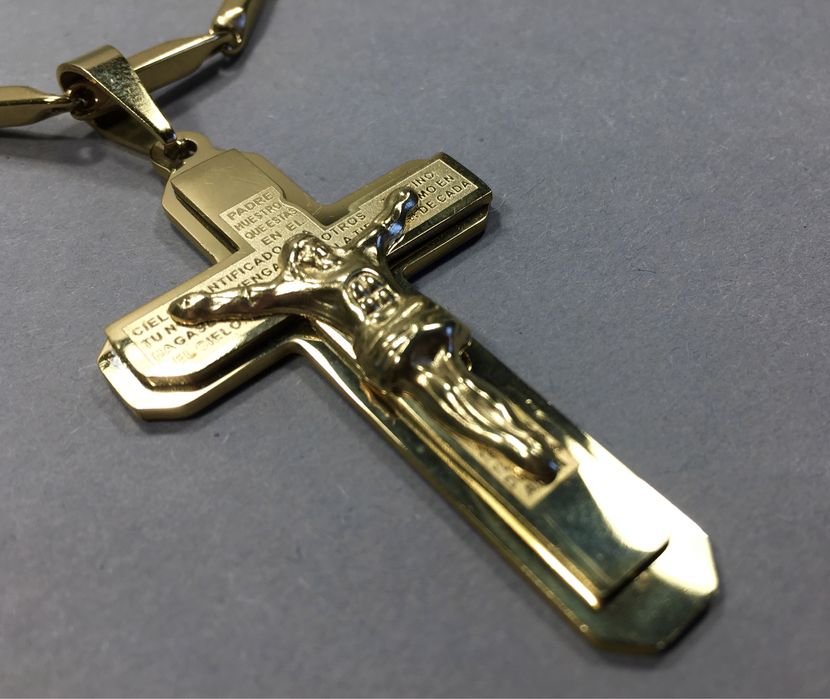 Złoty męski łańcuszek z krzyżykiem UNIKAT•pozłacany złotem 0,585 14 K