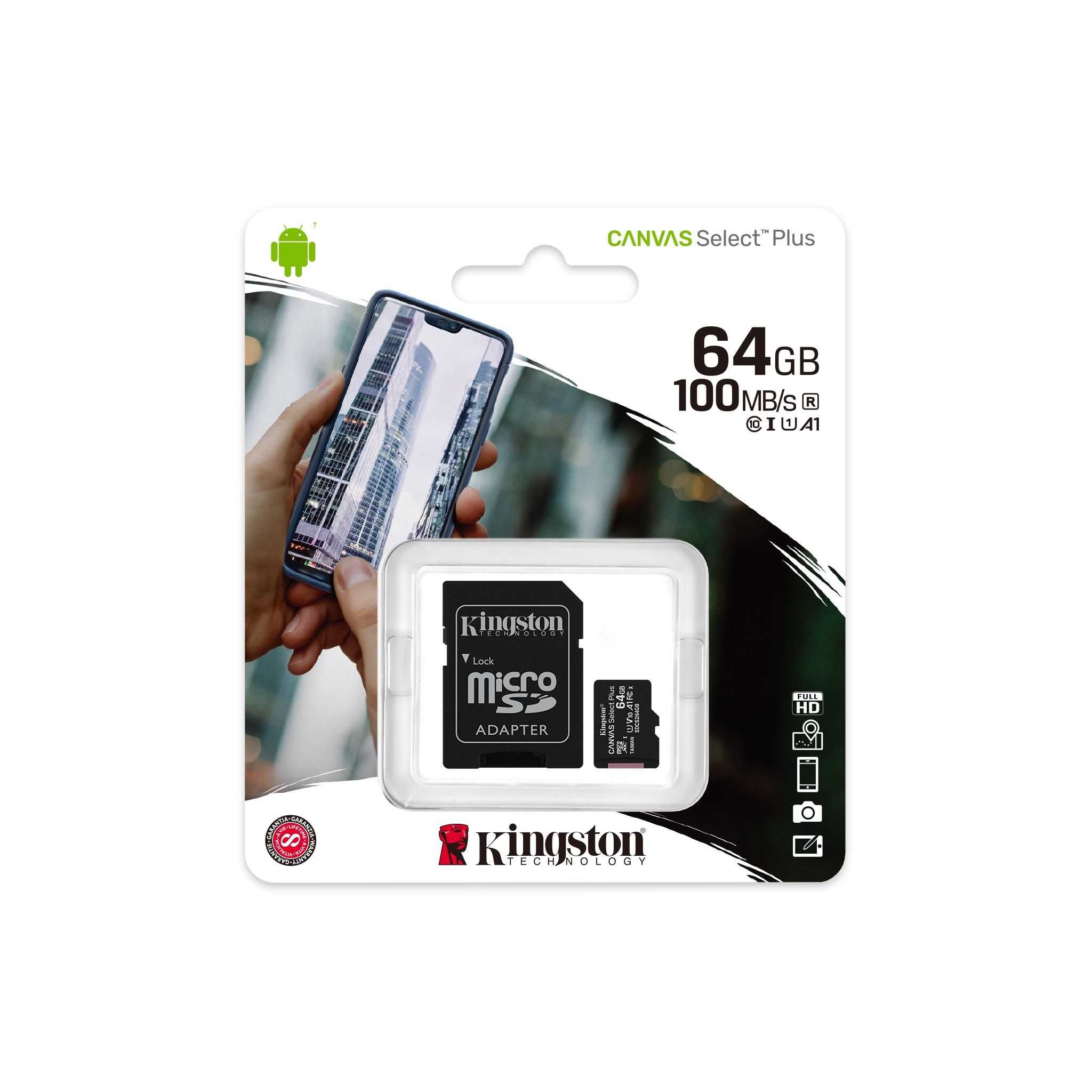 Cartão Memória 64Gb Kingston Canvas Select Plus C10 A1 UHS-I microSDHC