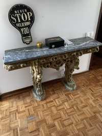 Mesa credencia madeira e marmore com gavetas