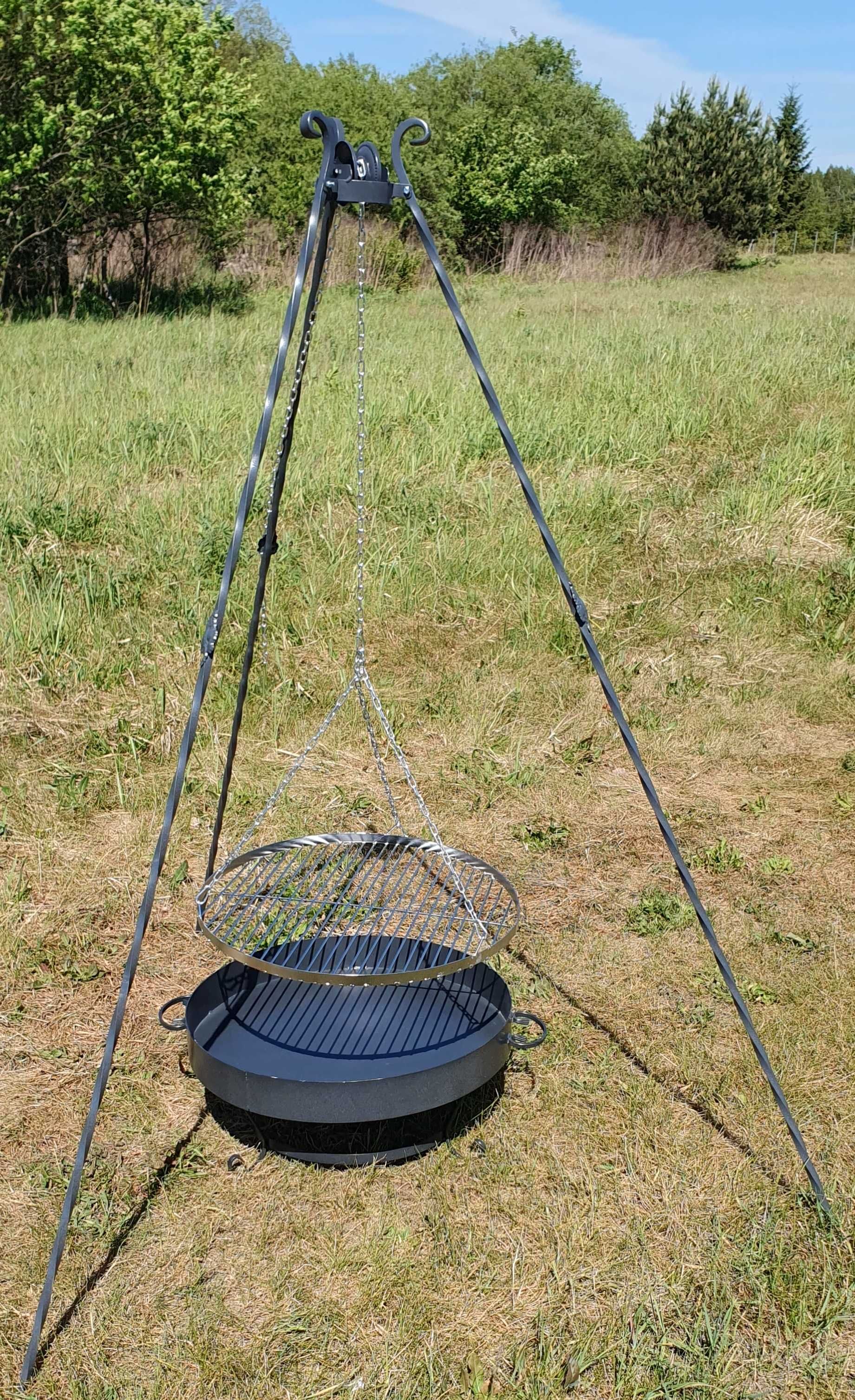 Grill trójnóg ogrodowy ruszt niklowany wiszący okrągły 60cm  SOLIDNY