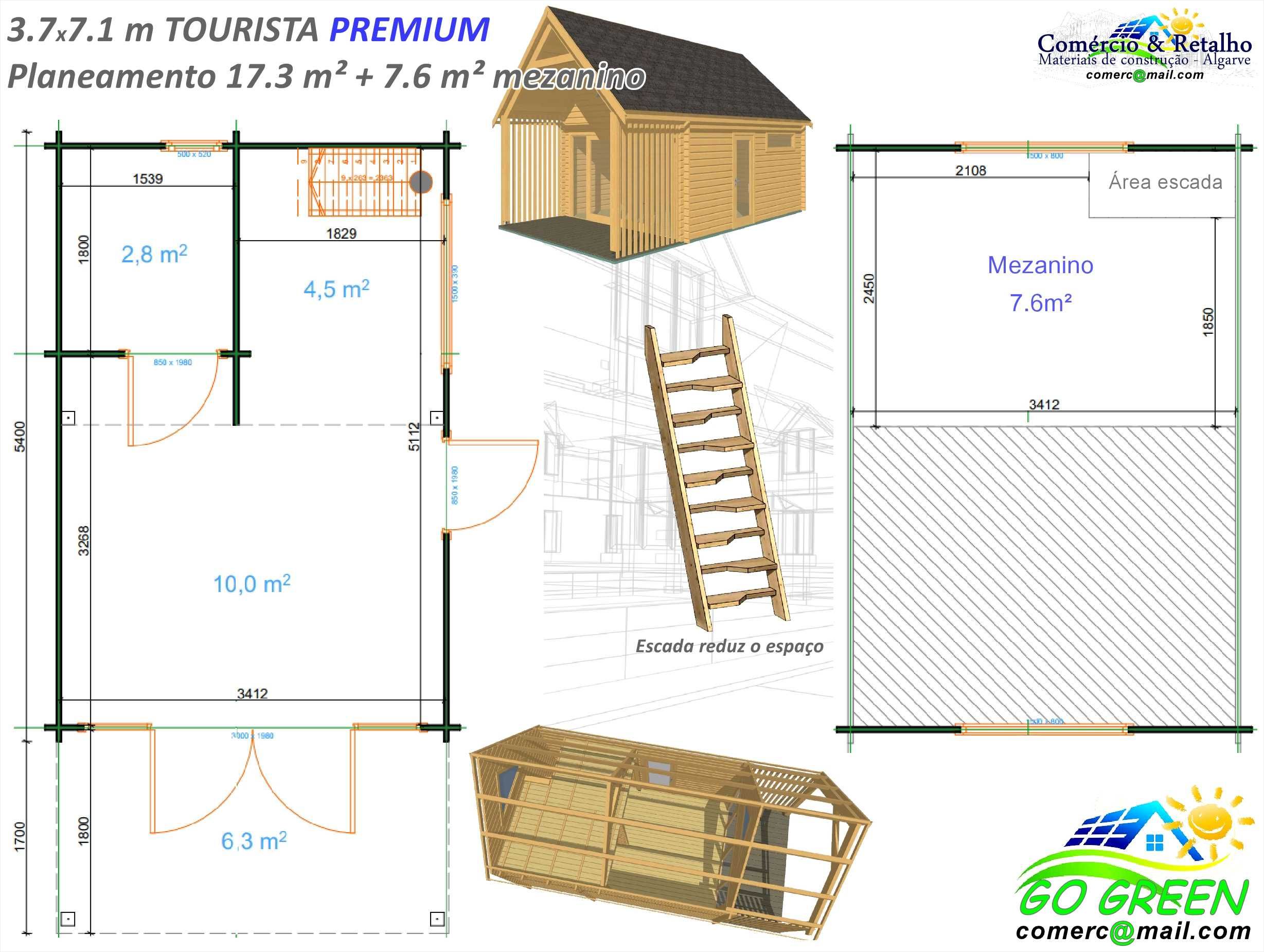 Casa madeira TOURISTA-Scandi 44mm 29m² c.d. Banho - Mezanino - Terraço