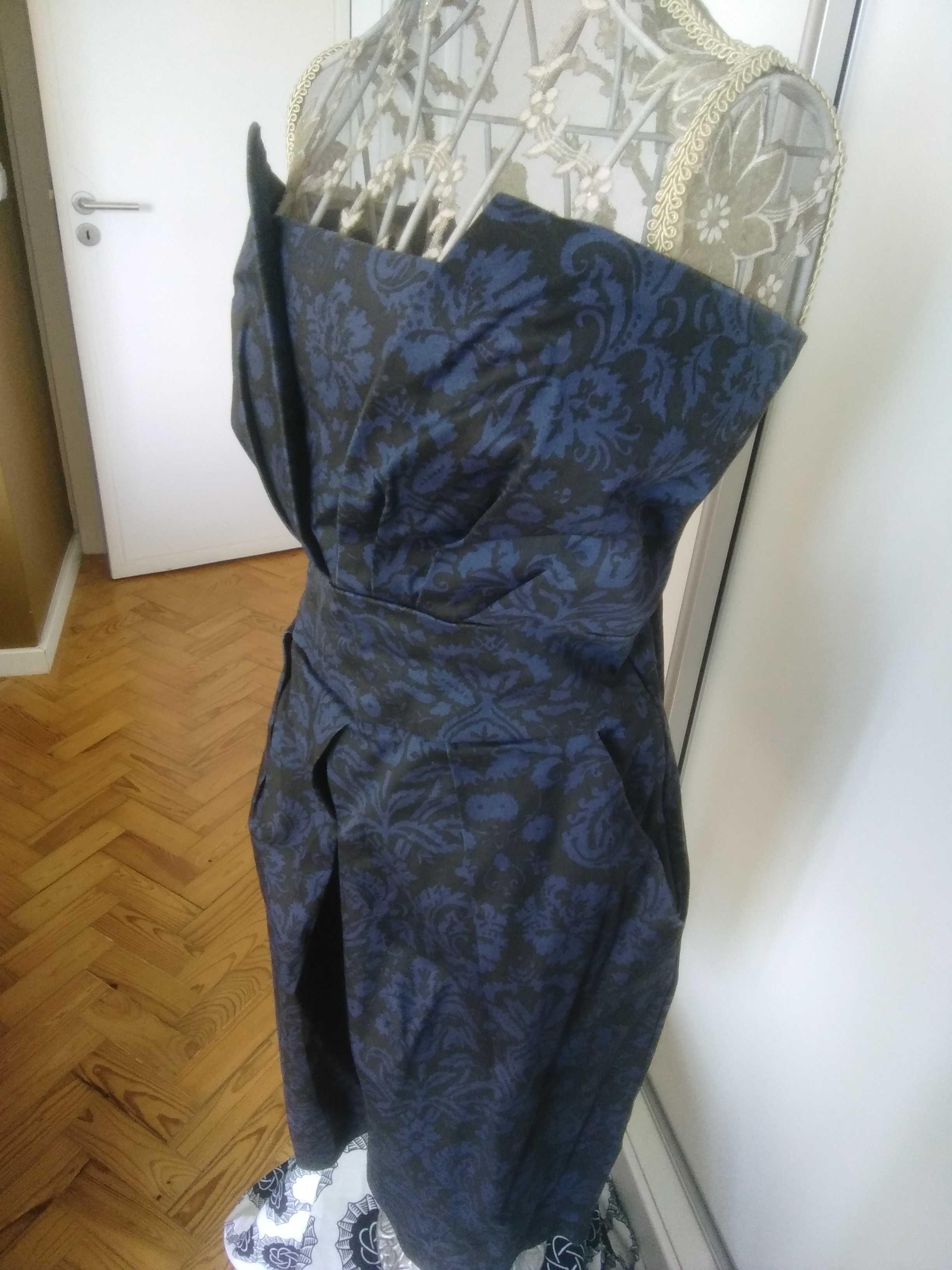 Vestido romântico cai-cai, azul e preto, Tamanho L