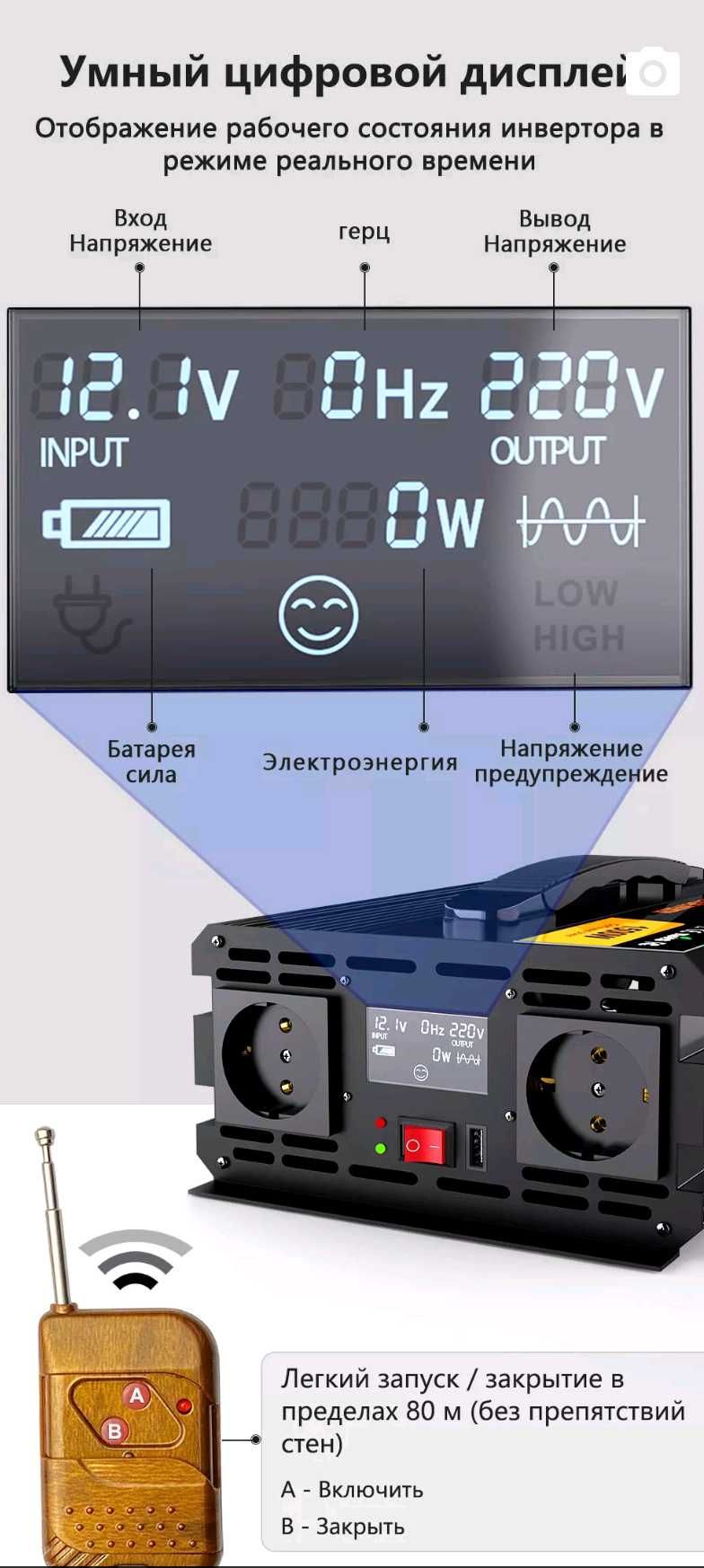 Инвертор с чистой синусоидой FDIK 2000 Вт 12 Вольт