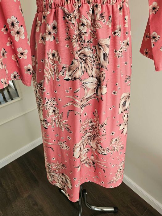 Sukienka midi różowa beżowe kwiaty L XL