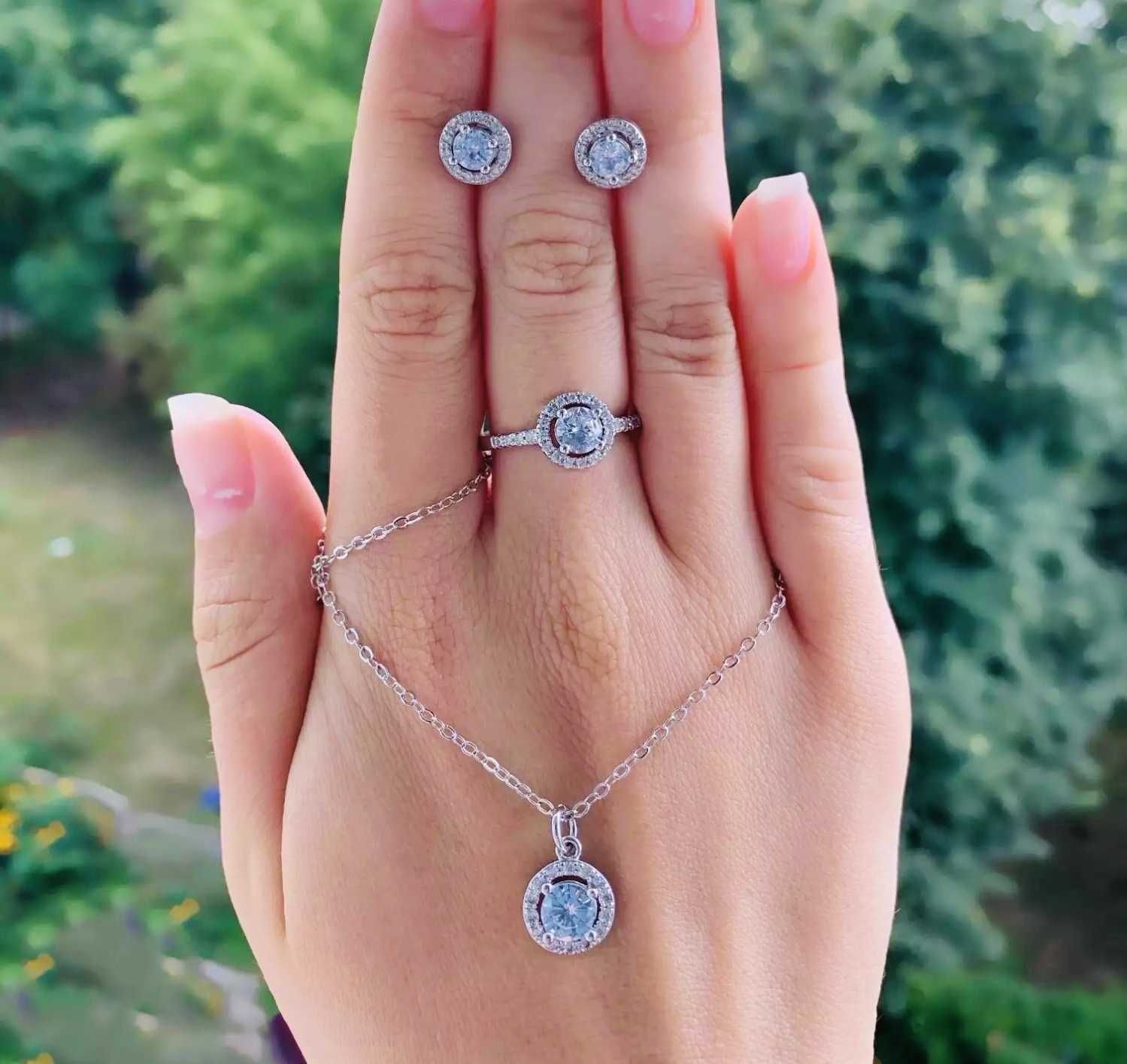 Серебряный комплект ЦЕПОЧКА+КУЛОН+КОЛЬЦО+СЕРЬГИ/925/Камни SWAROVSKI !!