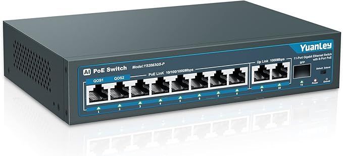 YuanLey 11-portowy Przełącznik PoE,8 portów PoE+1000,2 Uplink,1SFP