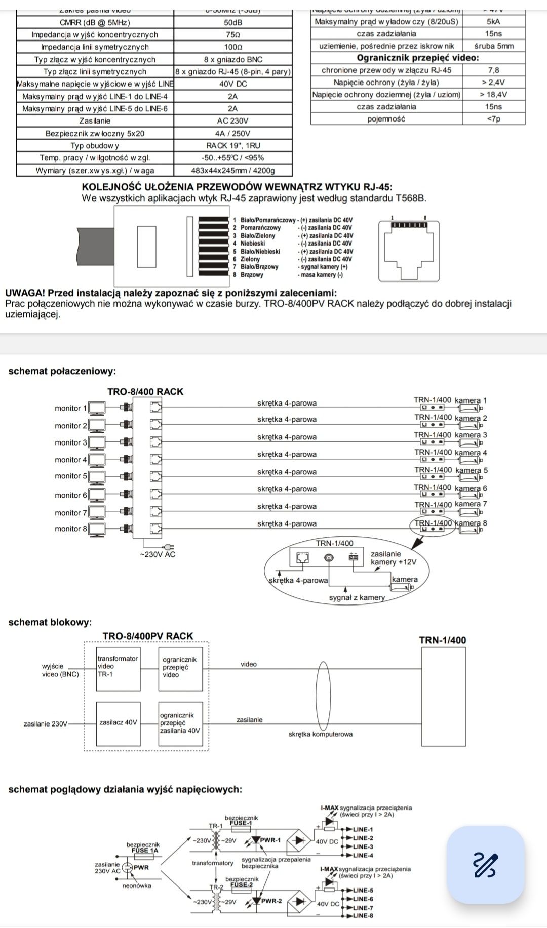 Zasilacz do kamer 8kanałowy TRO-8/400PV-RACK