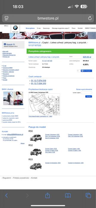 Listwa klapy bagażnika Mini Cooper R50, R52, R53 nowa, OE