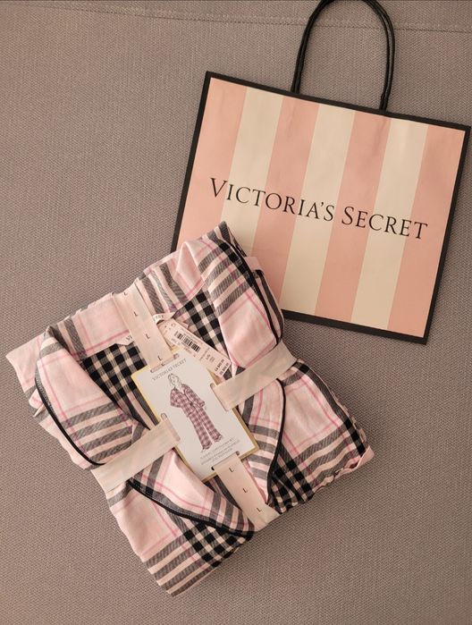 VICTORIA'S SECRET oryginalna USA pizama flanelowa rozowa krata L Long