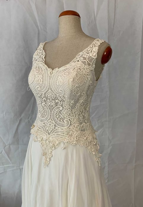 Nowa zwiewna suknia ślubna linia A Boho Tren ivory 38 M cottagecore