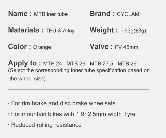 CYCLAMI Bardzo Lekka Detką TPU 63g MTB 29  1,9 - 2,50 Presta 45mm  BOX