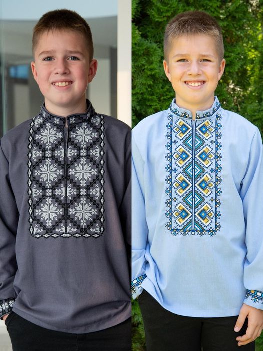 Вишиванка льон для хлопчика сіра блакитна 116 122 128 134 140 146 152