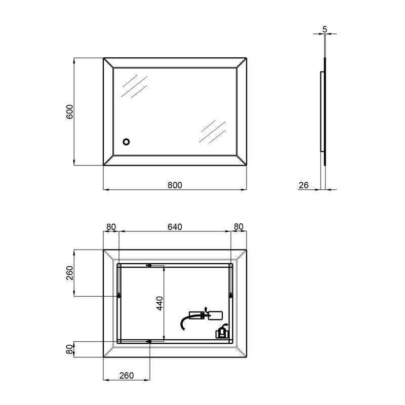 Дзеркало ARIES настінне прямокутне, LED TOUCH SWITCH, 800X600 мм QTAP