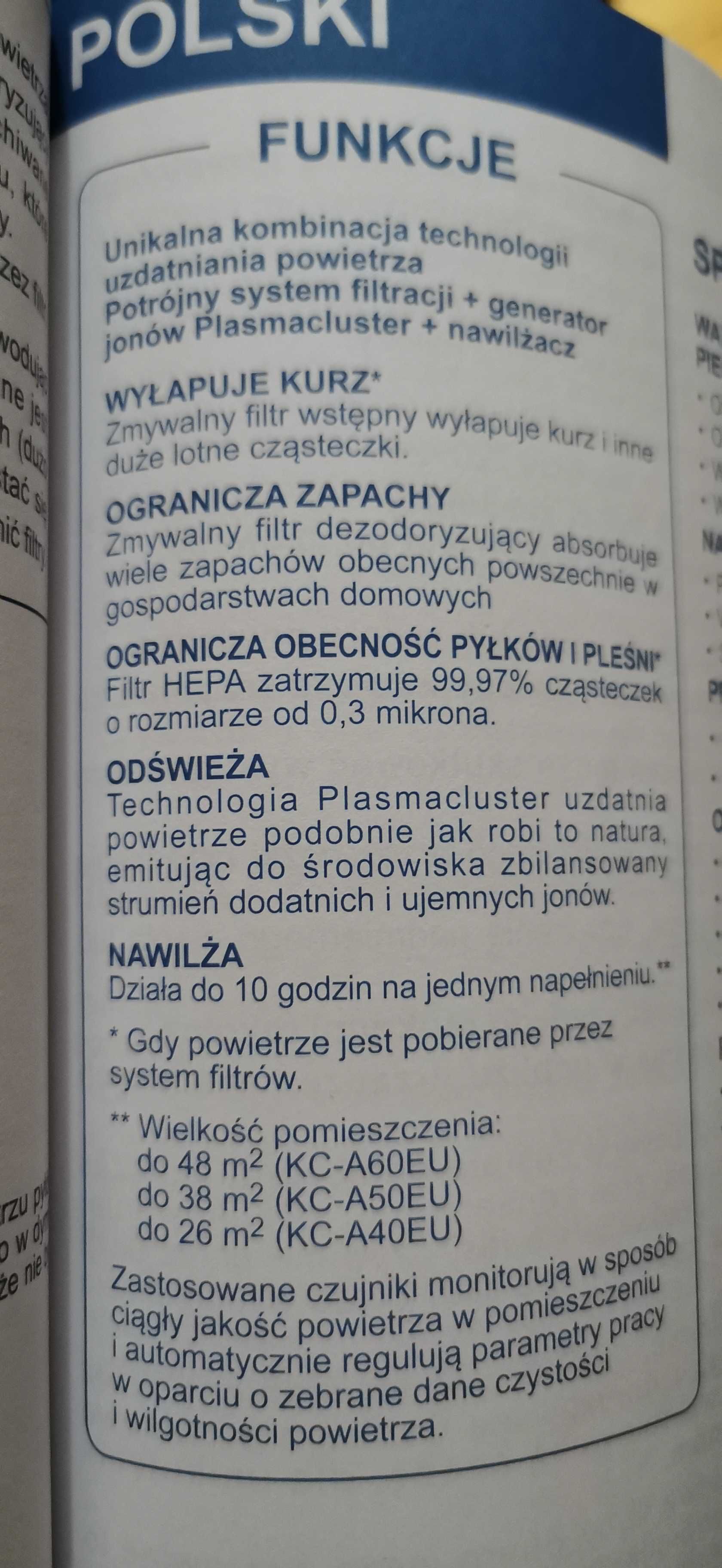 Sharp KC-A40EU oczyszczacz powietrza nawilżacz jonizator oczysz pleśni