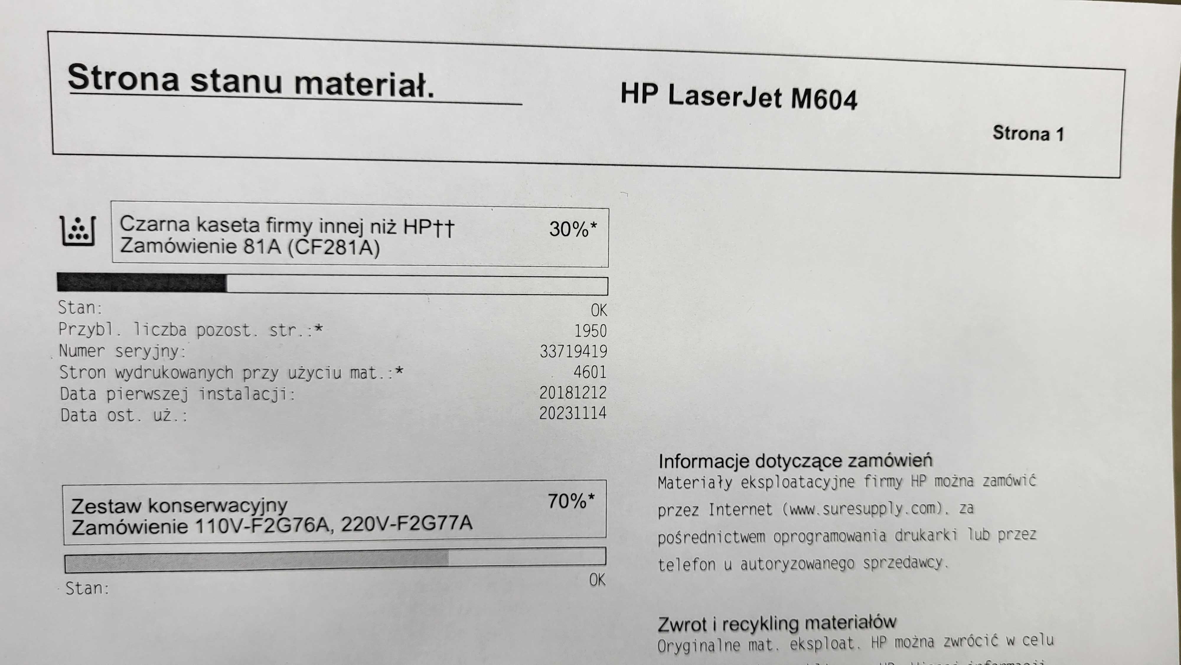 Drukarka jednofunkcyjna laserowa HP Laserjet Enterprise M604n FV