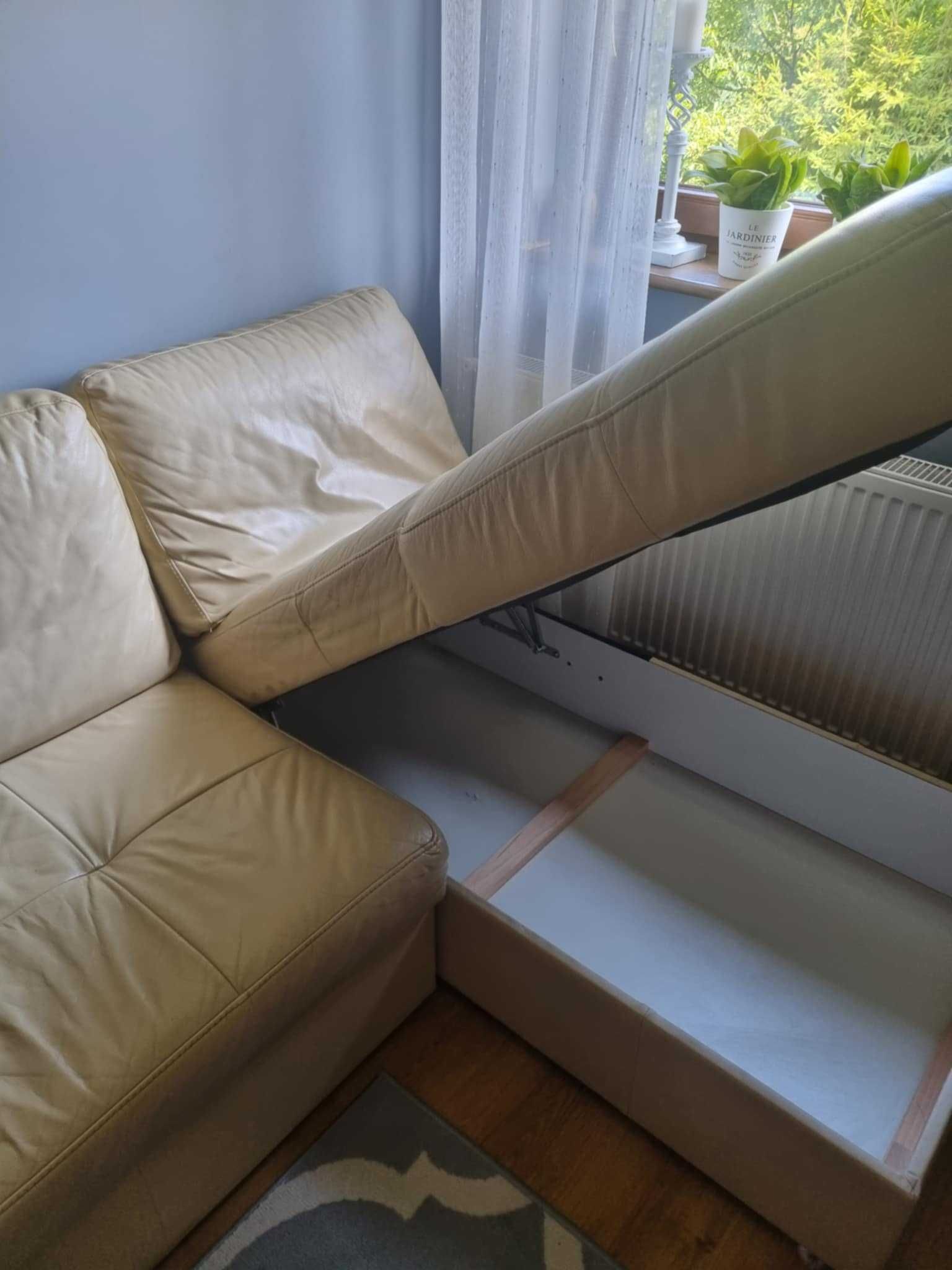 Sprzedam używaną kanapę narożną, ze skóry, kolor ecru