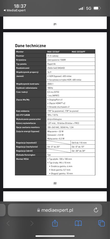 Monitor MSI MAG 32CQ6F 31.5" 2560x1440px 180Hz 0.5 ms [GTG] Curved